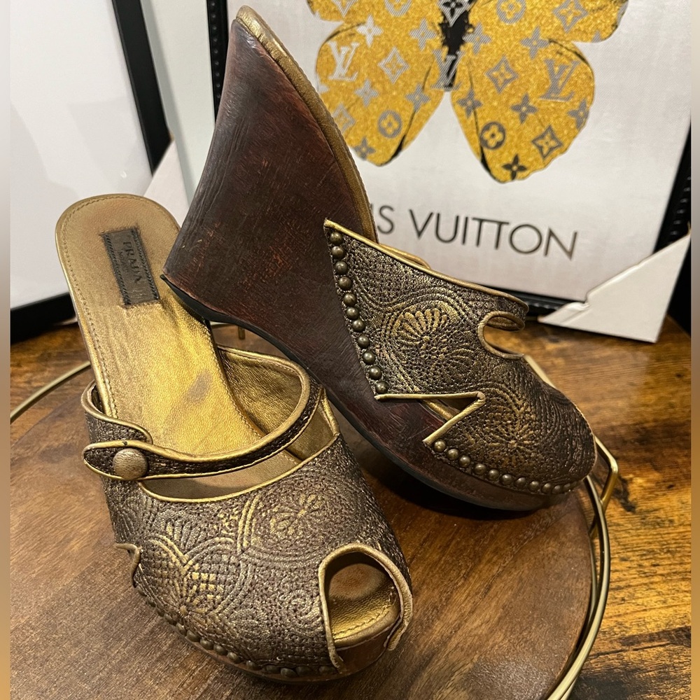 Prada Vintage Gold & Brown Wedge Shoes